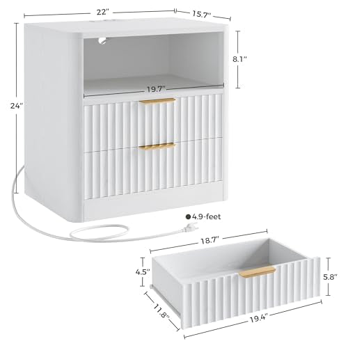 IRONCK Fluted Night Stand Set of 2, Modern Nightstand with Charging Station, Drawers and Open Shelves - Bedside Table Wood Side Table Set for Bedroom, White - color: White