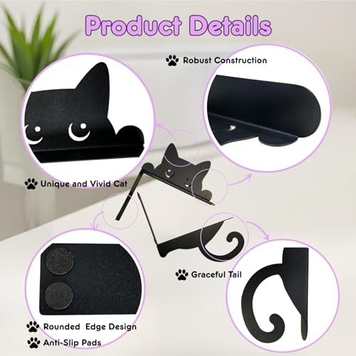 Cat Book Ends Decorative Metal Bookends for Shelves Black Cute Book Holders for Desk