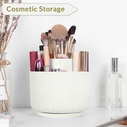 SKYDUE 360 Degree Rotating Desk Organizer, Small Dual-Purpose Pencil Pen Holder for Desk, Rotating Pencil Cup with 5 Slots, Office Supplies, Desk Decor for Office, School, Home - color: Cream