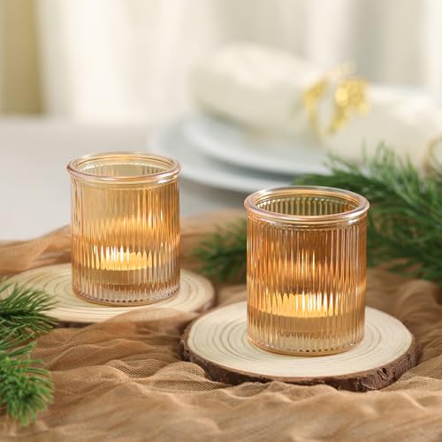 NITIME 32pcs Ribbed Gold Votive Candle Holders for Wedding Table Decor, Tea Light Candle Holder Glass, Gold Candle Holders for Table Centerpiece, Diwali and Holiday Decorations - color: Gold