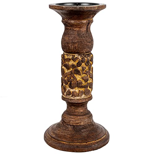 Bloomingville Carved Wood Candle Holder, Natural