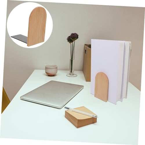 Simple Wooden Bookends for Desk and Shelves Sturdy Iron Wood Book Stand Non Tipping File and Magazine Holder Minimalist Home Office Decor for Study and Library