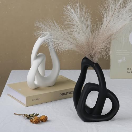 Unique White Ceramic Vases for Home Decor, 9.1" H Boho Nordic Aesthetic Modern Style, Decorative Vases for Home Decor Living Room