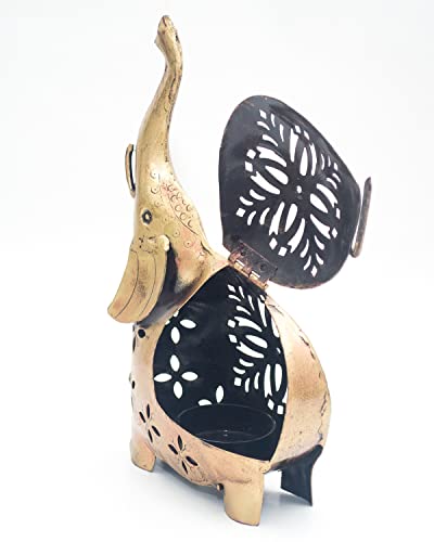 eTroves Metal Tealight Holder, Handmade Decorative Elephant Tea Light Candle Holder for Home, Farmhouse, Living Room, Patio, Decorations, 8 Inch, Golden