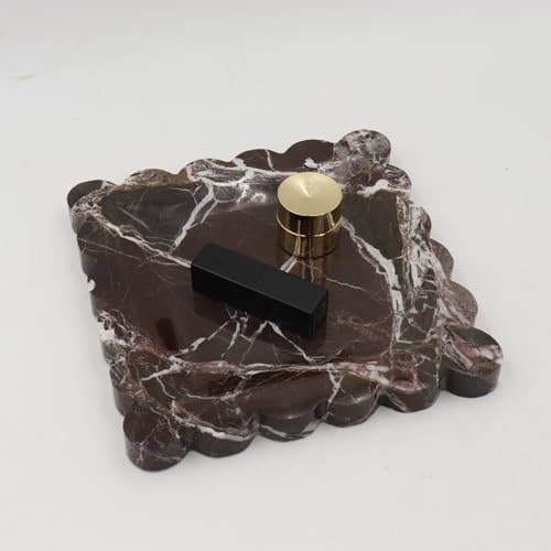 Square Marble Decorative Tray with Scalloped Edge, Luxury Natural Stone Bathroom Vanity Tray, Dresser Top Perfume Coffee Home Kitchen Sink Tray, Key Trinket Ring - color: Rosso Lepanto