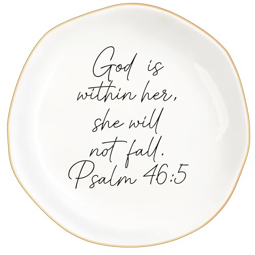 Christian Gifts for Women, Bible Verse Ceramic Jewelry Dish Trinket Ring Tray, Inspirational Floral Gift for Mom Sister Friend Birthday Christmas-God is within Her Psalm 46: 5 (White-46:5) - color: White-46:5