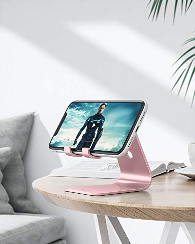 OMOTON Upgraded Aluminum Cell Phone Stand for Desk, C1 Durable Cellphone Dock with Protective Pads, Smart Stand Designed for iPhone17, 16/15/14/13 Pro Max Air, iPad mini, Android Phones,Rose Gold - color: Rose Gold