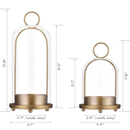 Hurricane Candle Holders Set of 2, 5" & 4" Metal and Glass Candle Lantern with Clear Dome for Pillar Candle, Wedding & Christmas Table Centerpiece, Farmhouse Home Decor (Brass, Large & Small) - color: Brass