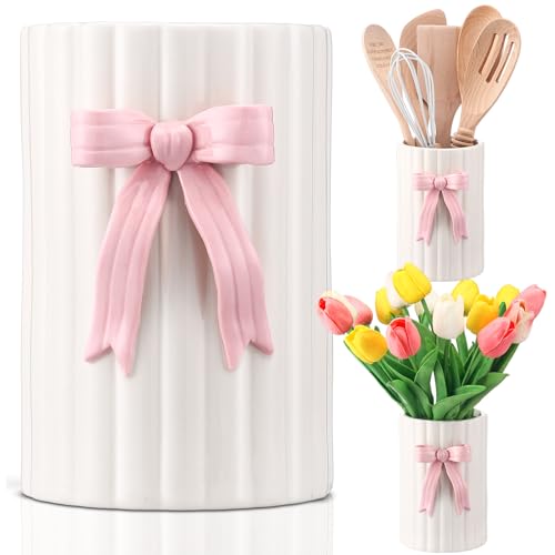 LemonRoad Pink Bow Ceramic Utensil Holder 3D Coquette Handmade Pink Kitchen Decor Mothers Day Kitchen Gifts Cooking Utensil Crock with Scalloped Preppy Caddy Pen Holder Vase for Countertop Spoon - color: Pink, style: Bow