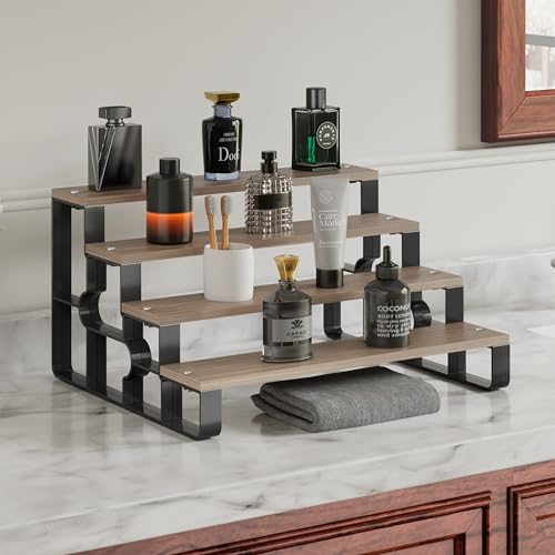 Perfume Stand for Men,4 Tier Cologne Organizer,Display Shelf Stands for Dresser,Wooden Shelf Display Risers for Party,Makeup,Figures,Cupcake,Dessert(Walnut,Width=14") - color: Walnut, size: 4 Tiers-width=14"