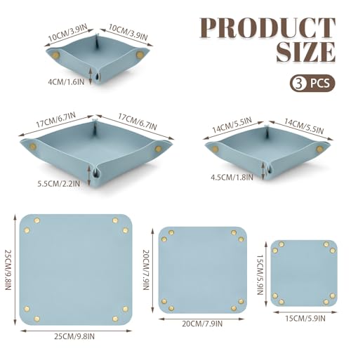 3 Pack Leather Valet Tray, 3 Sizes Catchall Tray Desk Organizer for Key Jewelry Trinket Watch Perfume Coin, for Entryway Table Nightstand Dresser Vanity Travel, Blue - color: Blue