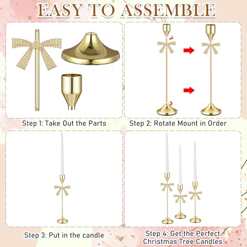 Ceenna 3 Pcs Gold Bow Candle Holders, 3 Size Gold Bow Candlestick Holders, Taper Candle Holder Vintage Decorative for Table Centerpiece Mantel Decor Holiday Housewarming Gifts - style: Bow