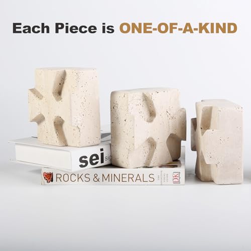 Decorative Square Marble Bookends for Heavy Books – Unique Book Ends for Shelves – Modern Aesthetic Book Holder/Stopper with Non-Slip Pads for Chic Home, Office, or Library Decor(Travertino Turkey) - style: Square-Beige