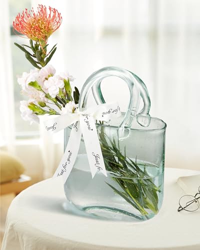 Thickened Glass Purse Vase for Flowers Gift Set-(Handmade 5mm Crystal-Unique Cute Clear Bag Vase with Reinforced Gift Box, Premium Table Centerpiece for Wedding/Mothers Day (Turquoise) - color: Turquoise