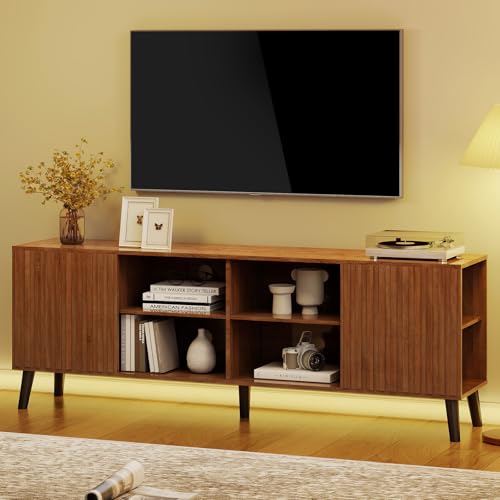 Lamtor TV-Stands for Living Room - Mid Century Modern TV Stand for 75+ inch TV, Entertainment Center with Storage, Media Console with Adjustable Shelves, Walnut