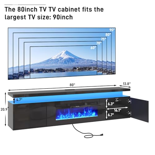 80" tv Stand w/ 40" Fireplace Up to 90" TVs,High Gloss LED Fireplace TV Stand Entertainment Center for 75/80/90 inch TV, Modern Media TV Console Cabinet for Living Room,Black - color: Black, size: 80" TV Stand with 40" Fireplace