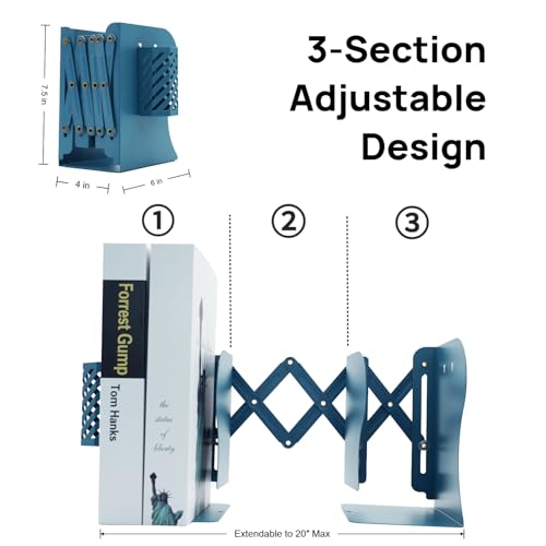 Adjustable Book Ends for Heavy Books, Metal Expandable Bookends for Shelves, Book Organizer Stopper Holder for Desk, Kids Room, Classroom, Office, Library (Blue) - color: Blue