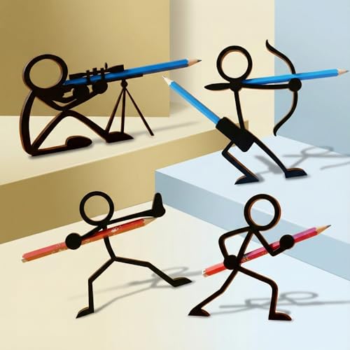 Minimalist 3D Printed Desktop Organizer Set (4 Pack), Decorative Silhouette Pen Stand, Creative Humanoid Pose Pencil Cup, Unique Office Decor and Teacher Gift, Black Matte Finish