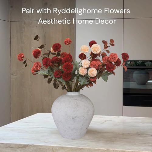 Handemade Large Round Vase for Centerpieces, White Rustic Vase Farmhouse Decor, Distressed Textured for Home Decorations, Earthy Room Decor Aesthetic, Stone Look Ceramic Clay Pottery, 9 inch - color: White