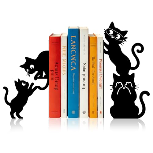 Sanwarm Metal Bookends Cat Black Funny Book Ends Decorative Bookend for Home Office Library Desk Book Shelves Decor, Gift for Reading Enthusiasts Non-Skid Book Stoppers Holder (1 Pair) - color: Black Cat 1