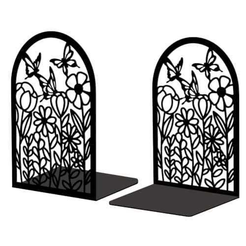 Peacoblue Metal Bookends for Shelves, Modern Decorative Heavy Duty Study Book Support Stoppers for Office, Desk, Shelf, Room 5.3"x4.3"x7.9" Cast Iron Bookends, 1 Pair (Wildflowers and Butterflies) - style: Wildflowers and Butterflies