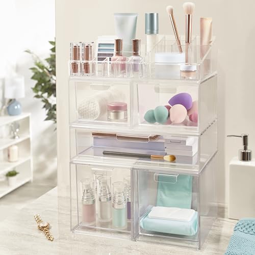 STORi Audrey Clear Vanity Makeup Organizer | 15-Compartment Holder for Brushes, Eyeshadow Palettes, & Beauty Supplies | Stacks on Audrey Storage Drawers | Made in USA - style: Cosmetic Organizer Topper