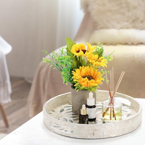 Mother of Pearl Decorative Serving Tray, 12 Inch Round Decorative Table Tray, Wood Coffee Table Ottoman Tray with Handles for Home Decor, Centerpiece Display,Tea, Breakfast