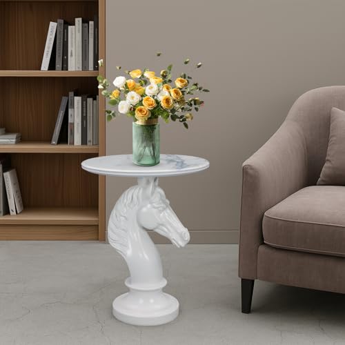 Modern Accent Table Living Room Horse Statue White Contemporary‌ Faux Marble Night Stand Side Table with Horse Head Base Reception Area & Bedroom（Width 19.69" ——Tall 24.8"） - style: White horsehead table