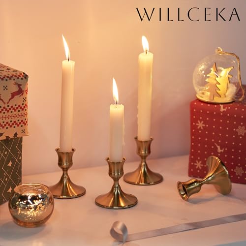 Willceka Gold Taper Candle Holder, Brass Candlestick Holders, Vintage Metal for Table Centerpieces Wedding Christmas Decor (Gold, 2 Pcs)