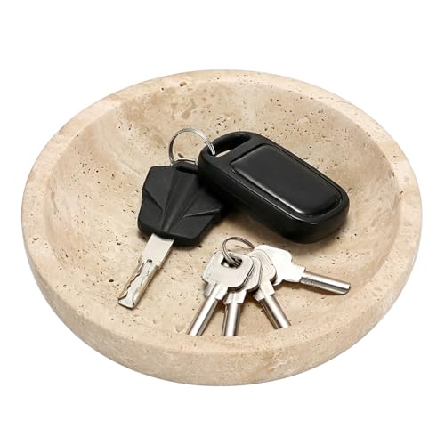 Hipiwe Key Holder for Entryway 7.9" Round Key Bowl Decorative Travertine Tray Nightstand Organizer Trays Jewelry Dish for Jewelry Ring Trinket Storage Home Decor - color: Beige, size: 7.9" x 7.9" x 2"