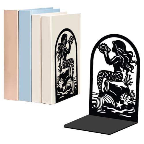 WADORN 1 Pair Mermaid Metal Decorative Bookend for Shelves, Heavy Duty Book Ends Modern Non-Skid Books Holder Stand Black Book Support Stoppers for Desk Bookshelf Office Home, 5.3x4.3x7.8 Inches - color: Mermaid
