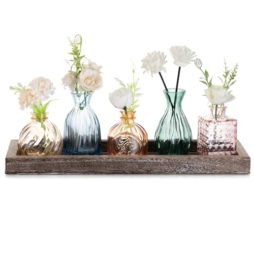 Glasseam Glass Bud Vases for Flower: 5 Colorful Small Vases Set with Rustic Wooden Tray for Home Office Living Room Bathroom - Vintage Table Centerpieces for Birthdays Wedding Housewarming Gifts