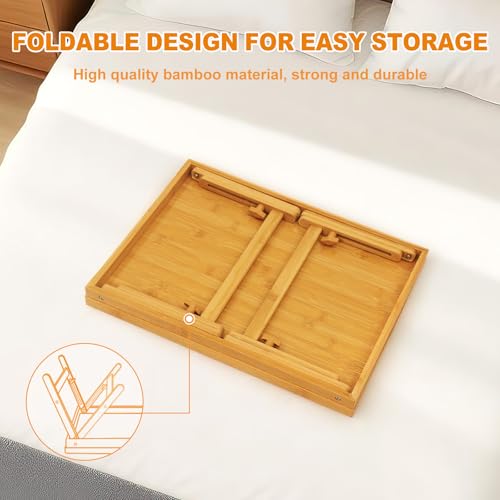 Bed Tray Table Set of 2, Bamboo Breakfast Trays with Folding Legs and Handles, Snack and Eating Lap Table, Natural Wood Color Serving Tray for Kitchen, Sofa or Bed Use - style: 2 pack(Adjustable feet)