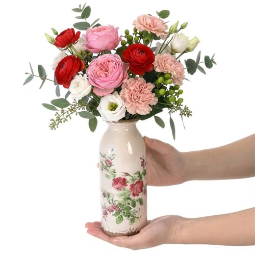 Covzoe Set of 2 Vintage Small Ceramic Vase, Retro Rose Floral Decorative Vases for Table Centerpiece, Mini Bud Vase Art Decor for Home Bedroom, Living Room Office Bathroom, 2 Size