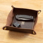 USA Handmade Premium Leather Valet Tray, Folds Flat! Dice Rolling Basket and Organizer with Brass Rivets (Brown Gold, Medium) - color: Brown Gold, size: 5" x 5" x 2"