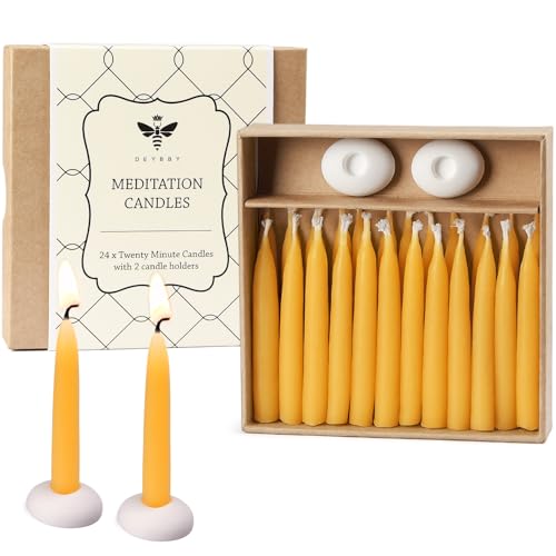 DEYBBY 20 Minute Beeswax Meditation Candles - 24pcs Mini Beeswax Taper Candle Gift Set with 2 Small Candle Holders