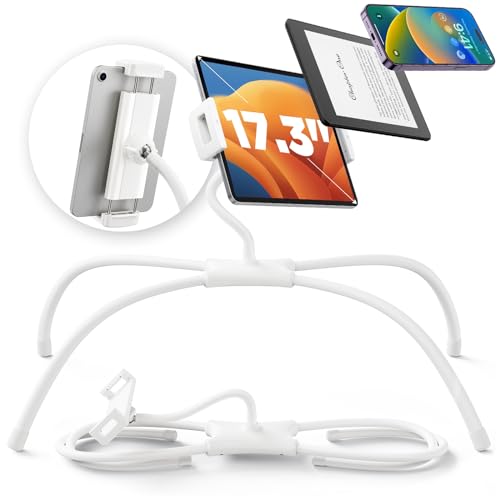 SAIJI iPad Stand, Adjustable Ergonomic Tablet Holder for Bed, Kindle Stand for Reading in Bed Fit for Tablet, Phone, Kindle, Portable Monitor, Switch and More 4.7"-17.3" Devices (White) - color: White