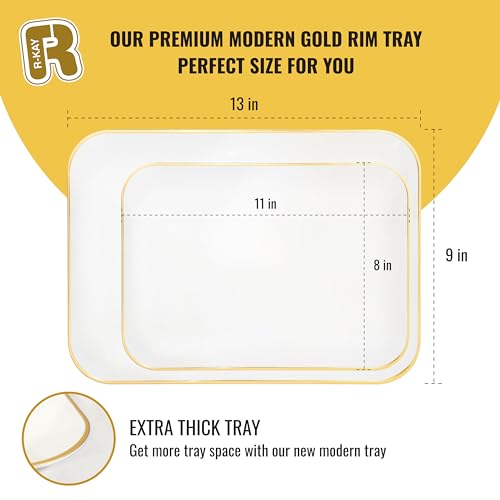 R-kay 3 Pack Plastic Serving Trays for Party - White and Gold Tray 8 by 11 in Heavy Duty Dessert Food Rectangular Premium Platters - color: White and Gold Rim
