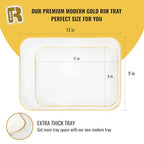 R-kay 3 Pack Plastic Serving Trays for Party - White and Gold Tray 8 by 11 in Heavy Duty Dessert Food Rectangular Premium Platters - color: White and Gold Rim