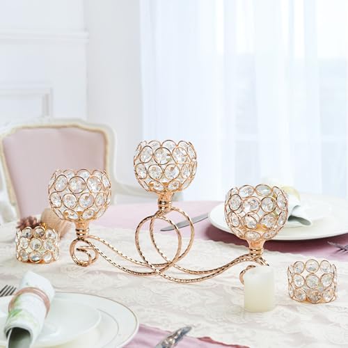 Gold 2 Pcs-3Arm Metal Crystal Tea Light Candle Holder, Elegant Wedding Table Centerpiece Candle Holder, Christmas Wishing Crystal Bowl Candle Holder Suitable for Wedding Party Living Room Decoration - color: Gold, size: Set of 2