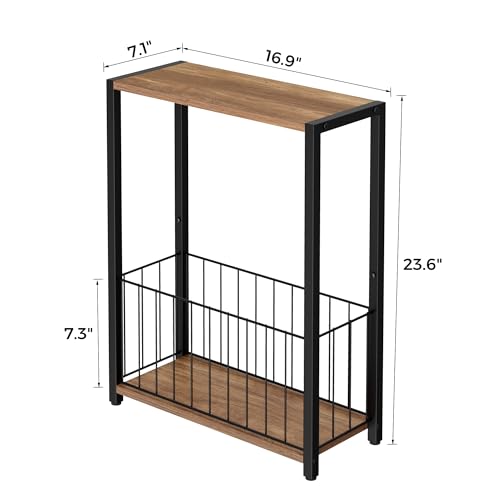 Homleke Narrow Side Table with Magazine Holder, Skinny End Table Perfect for Small Spaces, Space-Saving Design for Living Room, Bedroom, or Office, 7.1" D x 16.9" W x 23.6" H, Rustic Walnut - color: Rustic Walnut - Standard