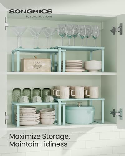 SONGMICS Cabinet Organizer Shelf, Set of 2 Kitchen Counter Shelves, Kitchen Storage, Spice Rack, Stackable, Expandable, Metal and Engineered Wood, Moonlight Green UKCS002C01 - color: Moonlight Green, size: 11.7"W