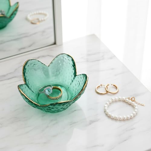 Green Flower Ring Dish Jewelry Tray, Small Glass Trinket Tray for Rings Earrings, Present for Wife Mom Daughter Women - color: Green