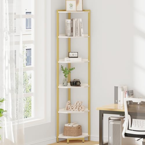 Hzuaneri Corner Shelf Stand, Corner Bookshelf, Storage Standing Shelf Unit with Metal Frame, Plant Stand, Bookcase for Living Room, Home Office, Bedroom, 6-Tier White Gold CS06003A - color: White Gold, size: 6 Tier