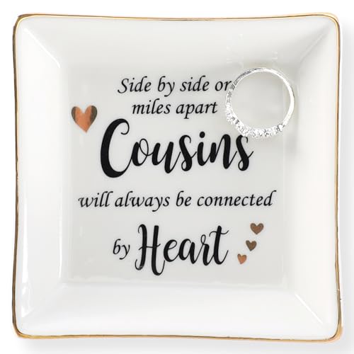 HOME SMILE Cousin Gifts Mother's Day,Ceramic Ring Jewelry Dish Tray Plate for Birthday Graduation Christmas Wedding,Sise by Side or Miles Away,Cousins will AwaysConnected by Heart - style: Cousin