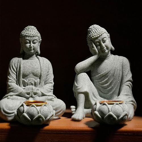 Meditating Buddhas Figurine Stone Sculpture with Tealight Candle Holder Meditation Statue Garden and Indoor Decoration