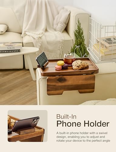 HOLANA 15.75" Acacia Couch Armrest Table with 360° Rotating Phone Holder, Wooden Couch Tray – Sofa Side Table, Armchair Caddy for Home Sofa Living Room (Acacia) - color: Acacia, size: 15.8" x 11" x 2"