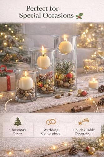 KMwares Glass Cylinder Candle Holders Set of 3 with Artificial Succulent and Decorative Stones, Hurricane Candle Holder Centerpiece for Table, Wedding, Bathroom and Home Decor (Candles Not Included)