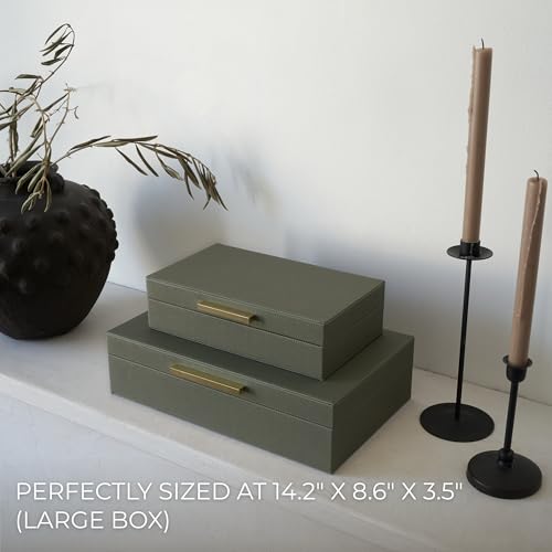 ZICOTO Decorative Storage Boxes with Lids – Set of 2 Beautiful PU Leather Organizer Bins for Your Bookshelf Home Decor - Safely Store Photos, Documents and Memory Box Keepsakes in Style - color: Sage