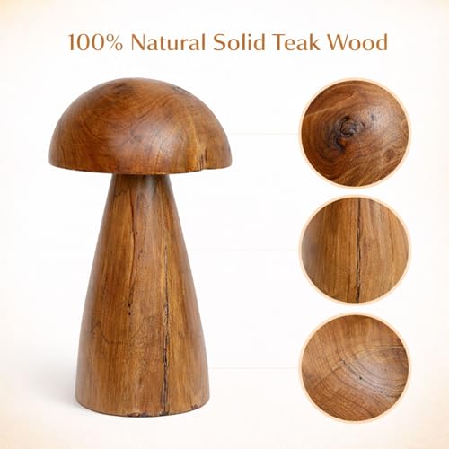 Solid Teak Wood Mushroom Decor, Handmade Wooden Sculpture Rustic Boho Tabletop Accent, Natural Wood Grain Home Decoration Figurine for Living Room, Shelf, Coffee Table Indoor Decor